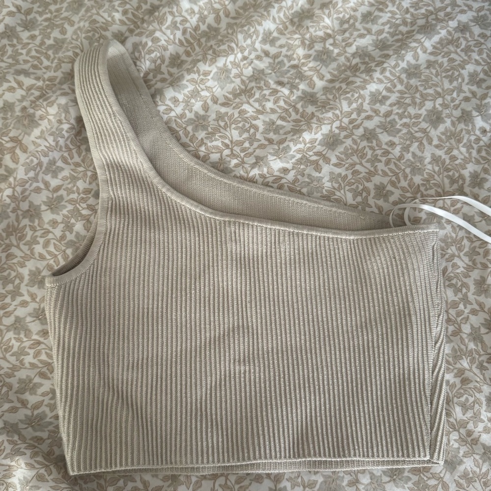 Aritzia Babaton Taupe Ribbed One Shoulder Knit Top